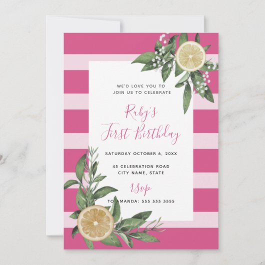 Sweet Pink Stripe Citrus eerste verjaardag Kaart (Voorkant)