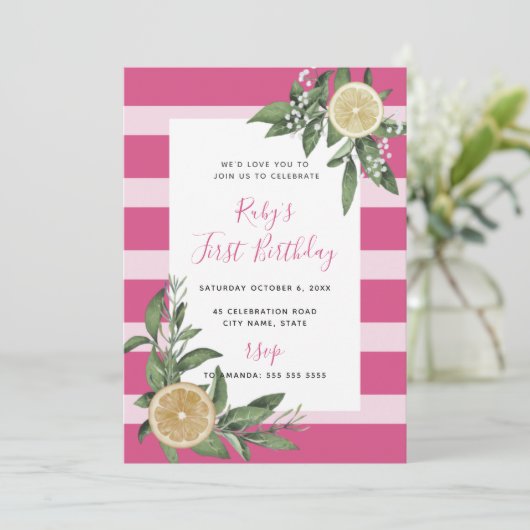 Sweet Pink Stripe Citrus eerste verjaardag Kaart (Staand voorkant)