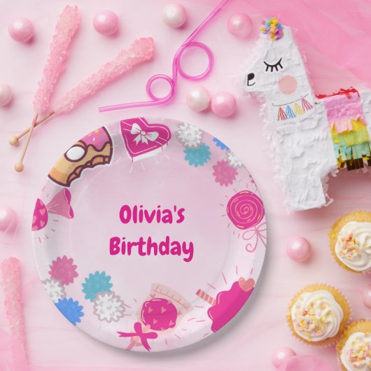 Sweet Pink Swan & Snoep Verjaardag Papieren Bordje (Feest)