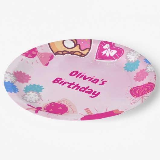 Sweet Pink Swan & Snoep Verjaardag Papieren Bordje (Gekanteld)