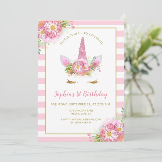 Sweet Pink Unicorn Face Girl's Birthday Party Kaart (Staand voorkant)