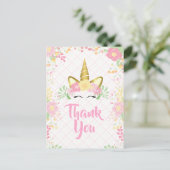 Sweet Pink Unicorn Floral Birthday | Dank u wel Uitnodiging Briefkaart (Staand voorkant)