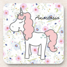 Sweet Pink Unicorn, Flowers en jouw naam Bier Onderzetter
