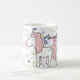 Sweet Pink Unicorn, Flowers en jouw naam Koffiemok