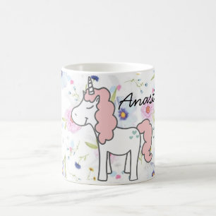 Sweet Pink Unicorn, Flowers en jouw naam Koffiemok