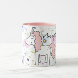 Sweet Pink Unicorn, Flowers en jouw naam Mok