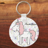 Sweet Pink Unicorn, Flowers en jouw naam Sleutelhanger (Voorkant)