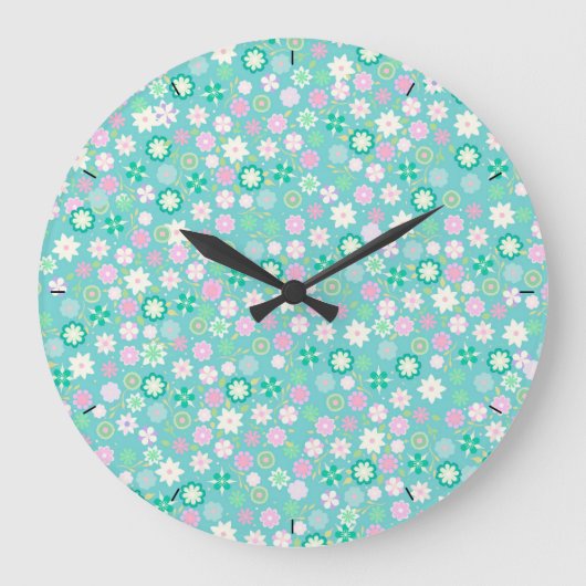 Sweet Pink White Blauwgroen Ditsy Floral Pattern Grote Klok (Voorkant)