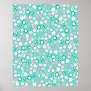 Sweet Pink White Blauwgroen Ditsy Floral Pattern Poster