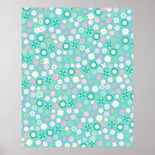 Sweet Pink White Blauwgroen Ditsy Floral Pattern Poster (Voorkant)