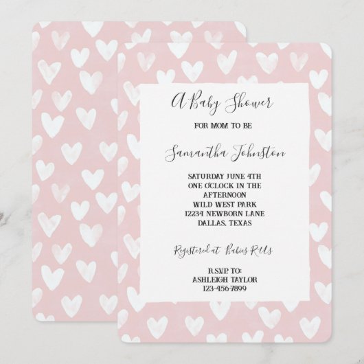 Sweet Pink White Hearts Baby Shower Kaart (Voorkant / Achterkant)