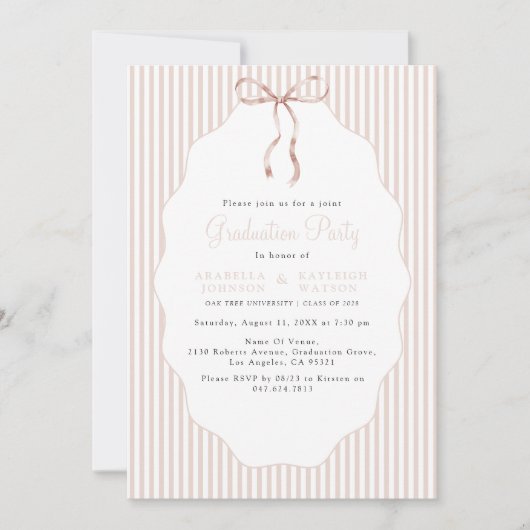 Sweet Pinstriped Beige Bow Joint Graduation Kaart (Voorkant)