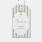 Sweet Pinstriped Green Bow Baby Shower Thank You Cadeaulabel (Voorkant)