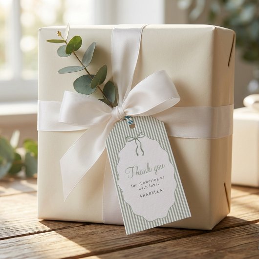 Sweet Pinstriped Green Bow Baby Shower Thank You Cadeaulabel