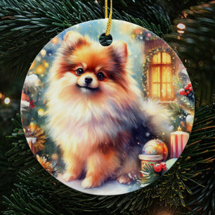 Sweet Pomeranian Dog Waterverf Christmas Keramisch Ornament