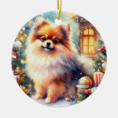 Sweet Pomeranian Dog Waterverf Christmas Keramisch Ornament (Voorkant)