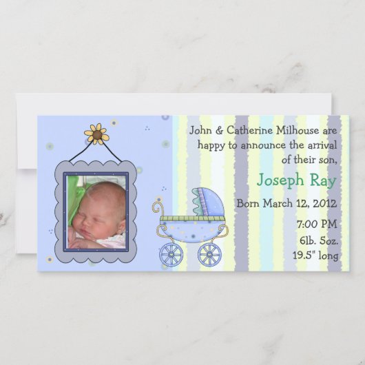 Sweet Pram Boy Geboorteaankondiging Fotokaart Aankondiging (Voorkant)