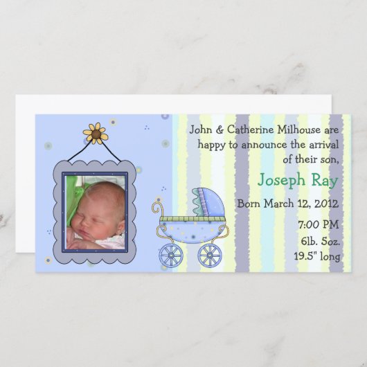 Sweet Pram Boy Geboorteaankondiging Fotokaart Aankondiging (Voorkant / Achterkant)