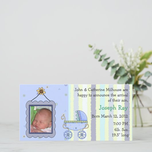 Sweet Pram Boy Geboorteaankondiging Fotokaart Aankondiging (Staand voorkant)