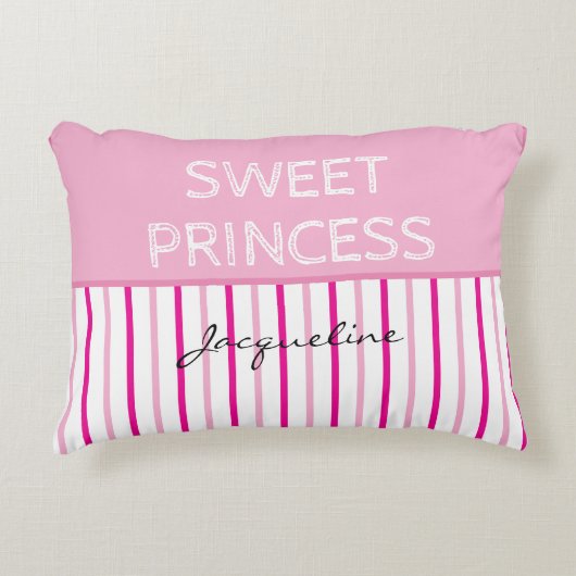 Sweet Princess Pink White Stripes Naam Accent Kussen (Voorkant)