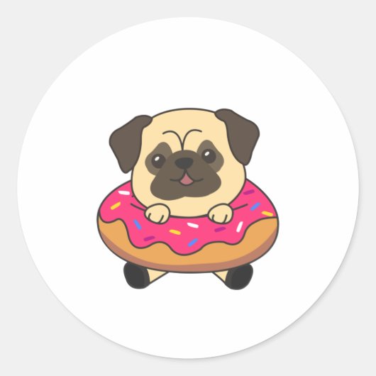 Sweet Pug Funny Animals in Donut Roze Ronde Sticker (Voorkant)