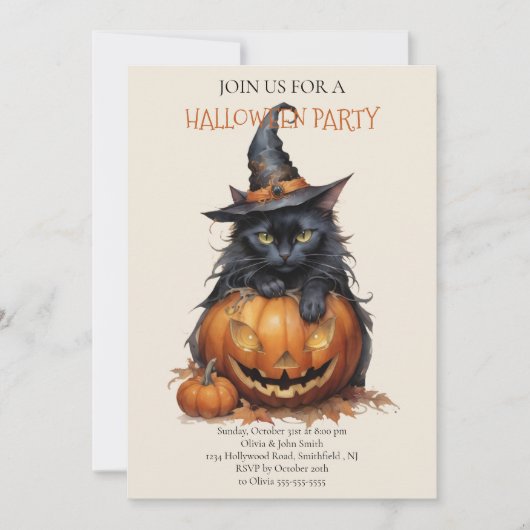 Sweet Pumpkin Black Cat Halloween Party Uitnodigin Kaart (Voorkant)