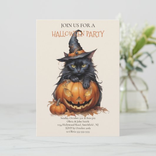 Sweet Pumpkin Black Cat Halloween Party Uitnodigin Kaart (Staand voorkant)