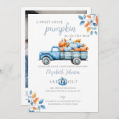 Sweet Pumpkin Blue Baby shower Foto QR-code Kaart (Voorkant / Achterkant)