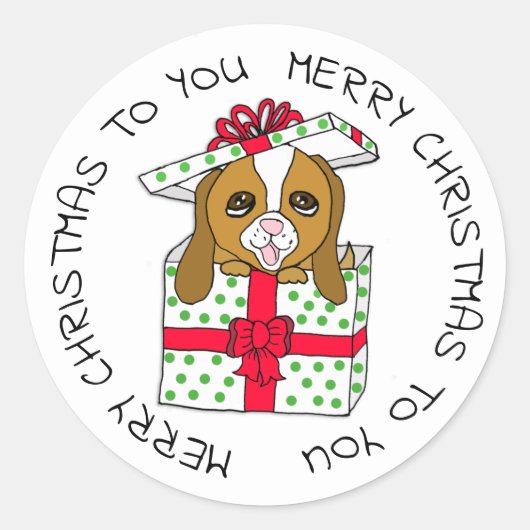 Sweet Puppy Dog in kerstcadeaudoos met Bow Ronde Sticker (Voorkant)