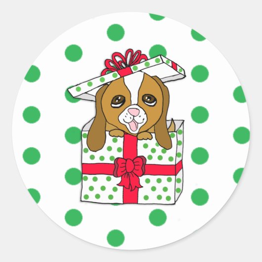 Sweet Puppy Dog in kerstcadeaudoos met Bow Ronde Sticker (Voorkant)