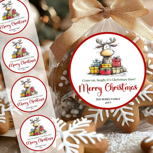 Sweet quirky reindeer fun holiday sticker label