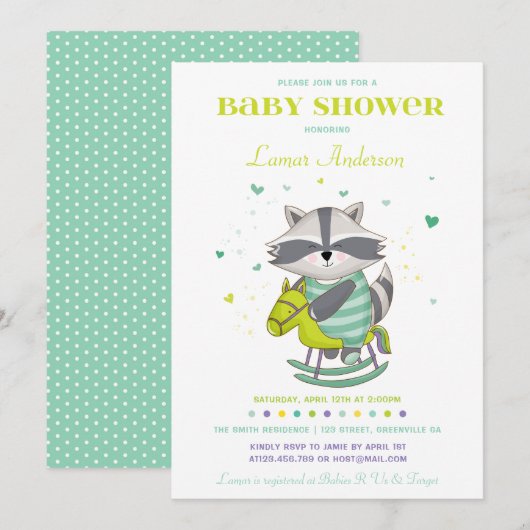Sweet Raccoon Baby shower Kaart (Voorkant / Achterkant)