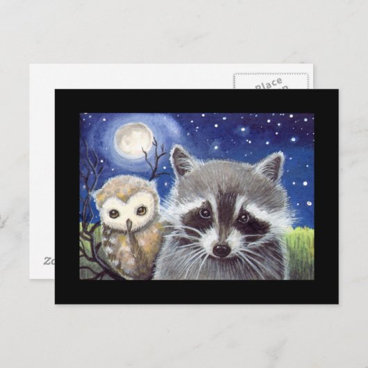 Sweet Raccoon en Uil Art Briefkaart (Voorkant / Achterkant)
