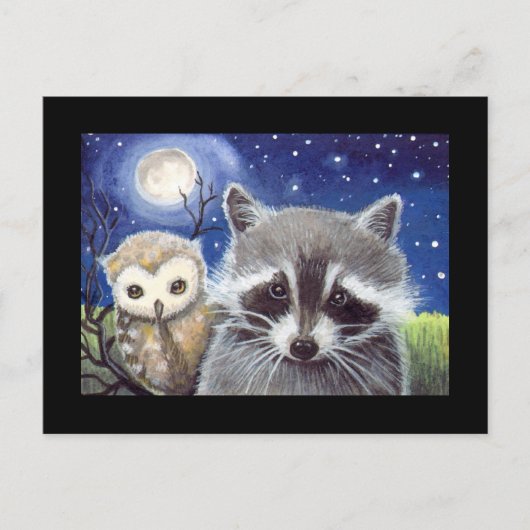 Sweet Raccoon en Uil Art Briefkaart (Voorkant)