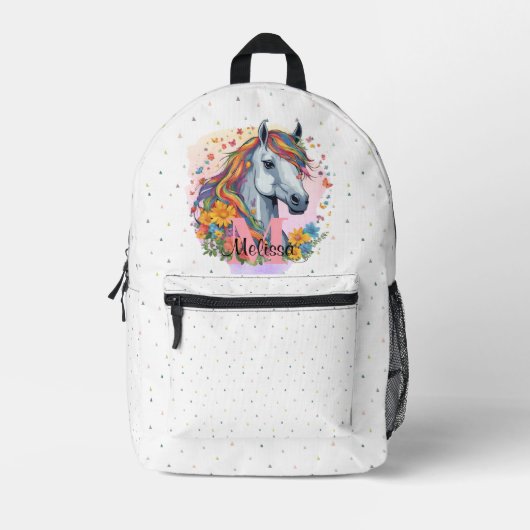 Sweet Rainbow Horse Pink Name Monogram Animal Bedrukte Rugzak (Voorkant)