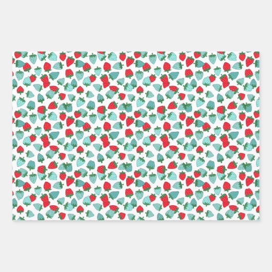 Sweet Red Blue Aardbeien Witte Bloemen Patroon Inpakpapier Vel (Voorkant 2)