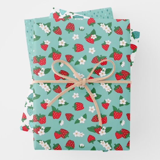 Sweet Red Blue Aardbeien Witte Bloemen Patroon Inpakpapier Vel (In situ)