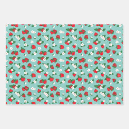 Sweet Red Blue Aardbeien Witte Bloemen Patroon Inpakpapier Vel