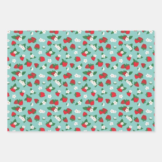 Sweet Red Blue Aardbeien Witte Bloemen Patroon Inpakpapier Vel (Voorkant)