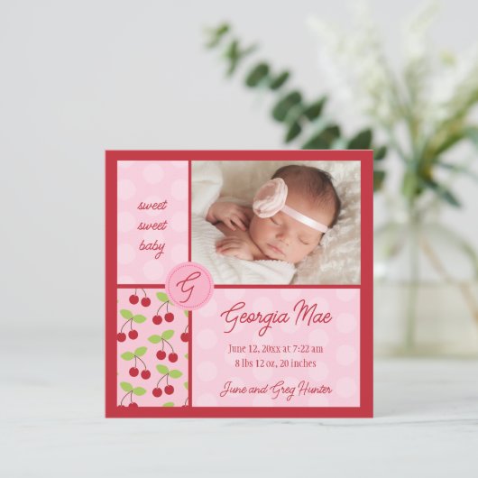 Sweet Red Cherry Baby meisje geboorte aankondiging (Staand voorkant)