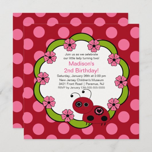 Sweet Red en Roze Ladybugs uitnodiging van afgelop (Voorkant / Achterkant)
