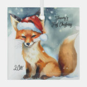 Sweet Red Fox in Sneeuw Eerste Kerstmis Glas Ornament (Voorkant)