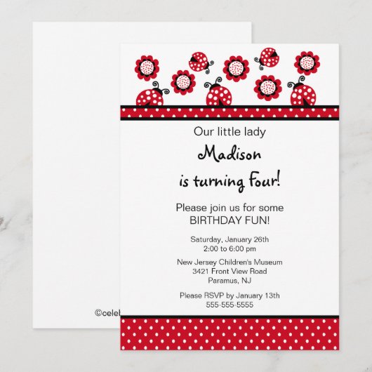 Sweet Red Ladybugs Birthday Invitation Kaart (Voorkant / Achterkant)