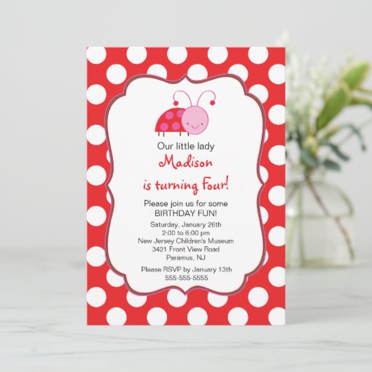 Sweet Red Ladybugs Birthday Invitation Kaart (Staand voorkant)