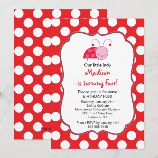 Sweet Red Ladybugs Birthday Invitation Kaart (Voorkant / Achterkant)