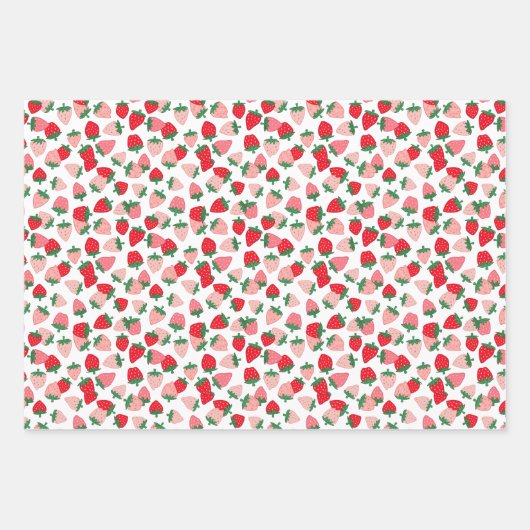 Sweet Red Pink Aardbeien Witte Bloemen Patroon Inpakpapier Vel (Voorkant 2)