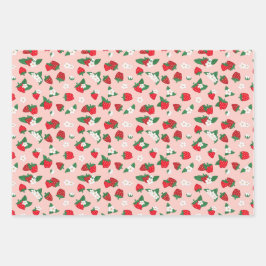 Sweet Red Pink Aardbeien Witte Bloemen Patroon Inpakpapier Vel