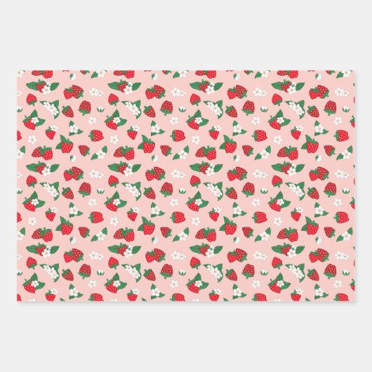 Sweet Red Pink Aardbeien Witte Bloemen Patroon Inpakpapier Vel (Voorkant)