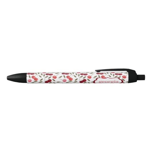 Sweet Red Pink Cherry Pattern | Monogram Zwarte Inkt Pen (Bovenkant)