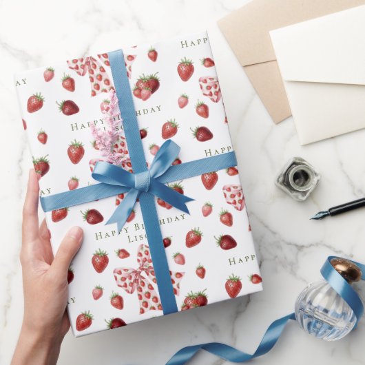 Sweet Red Strawberry Pink Bow Cute Birthday Cadeaupapier (Geschenken)